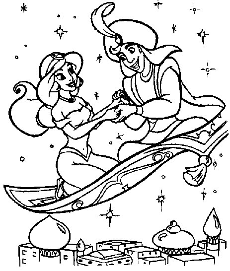 Coloriage le prince aladdin et jasmine font des reves bleu (Coloriages